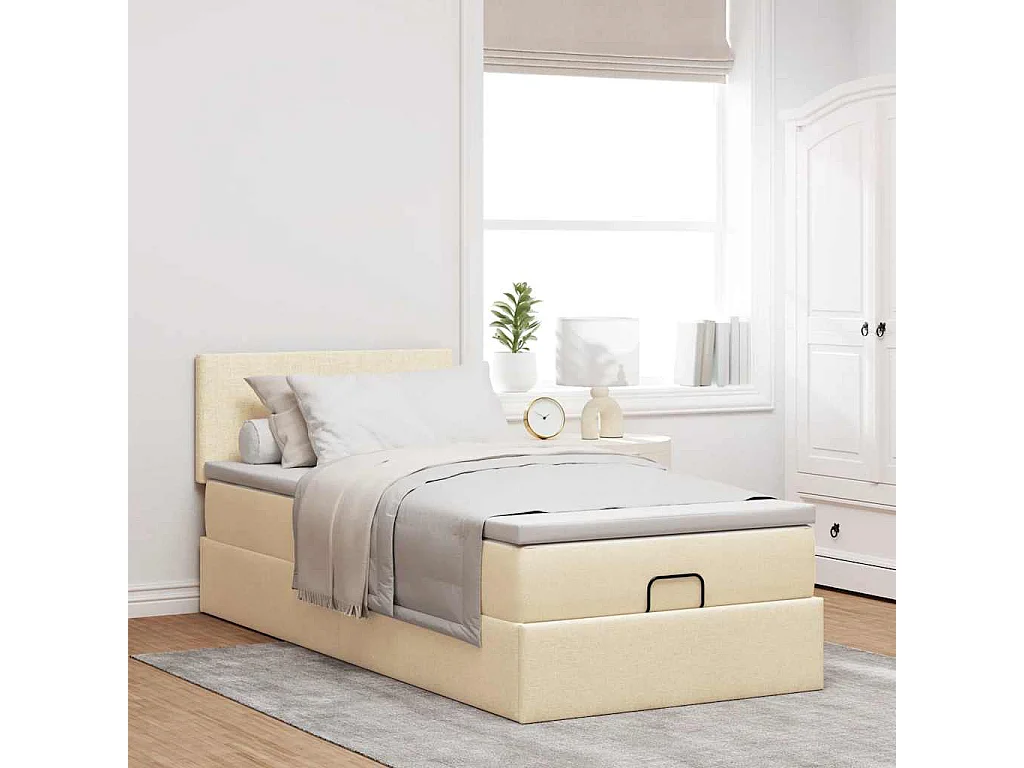 Pouf Letto con Materasso e LED Crema 90x200 cm in Tessuto