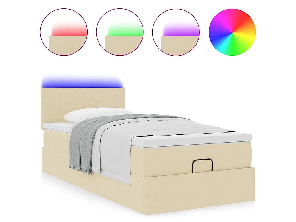 Pouf Letto con Materasso e LED Crema 90x200 cm in Tessuto
