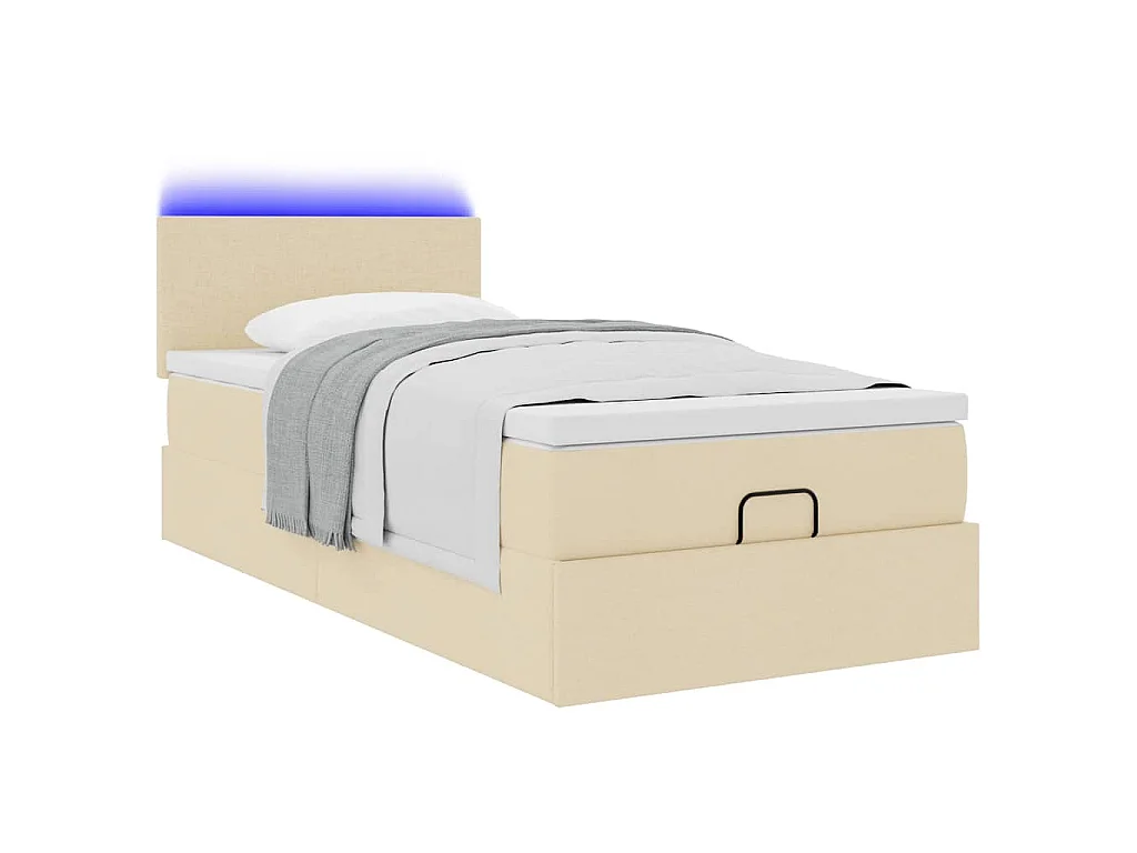 Pouf Letto con Materasso e LED Crema 90x200 cm in Tessuto