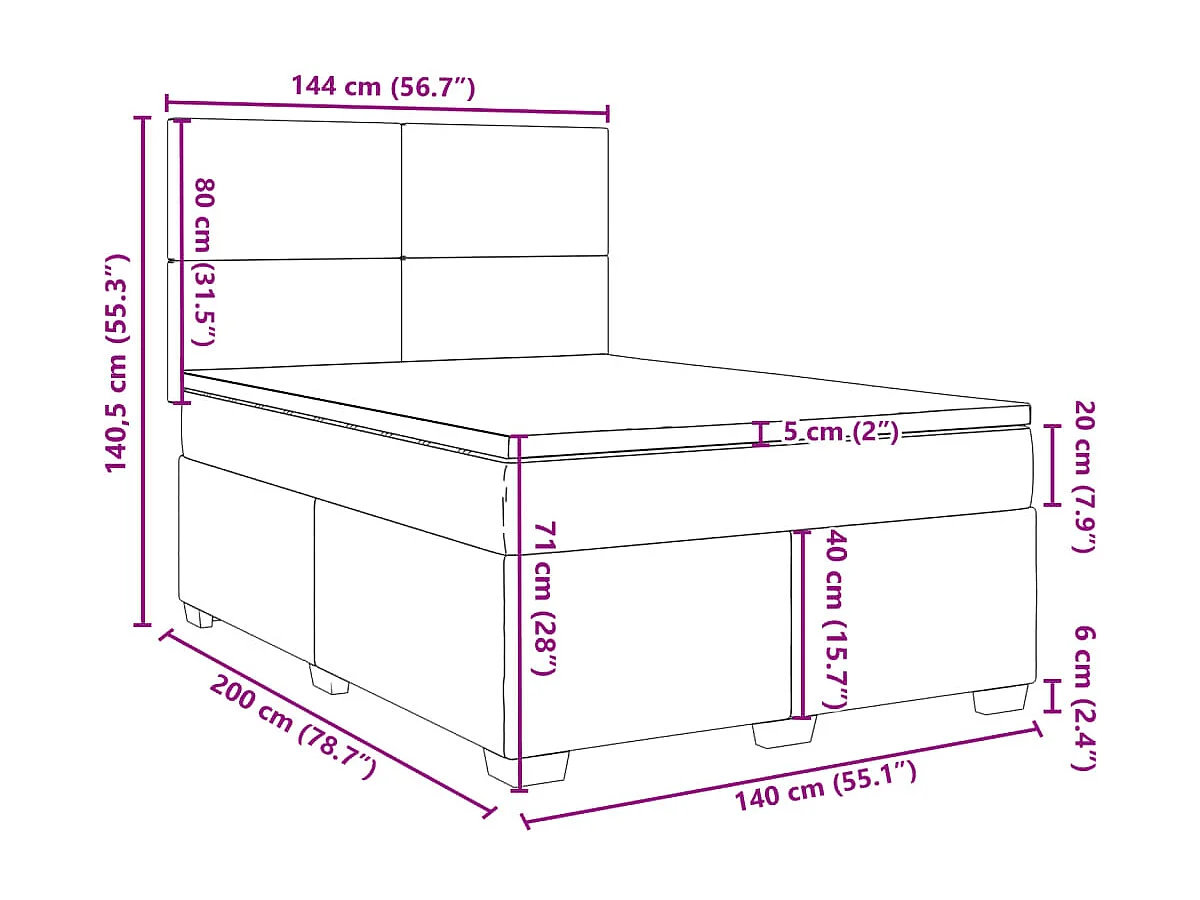 Cama box spring con colchón terciopelo rosa 140x200 cm