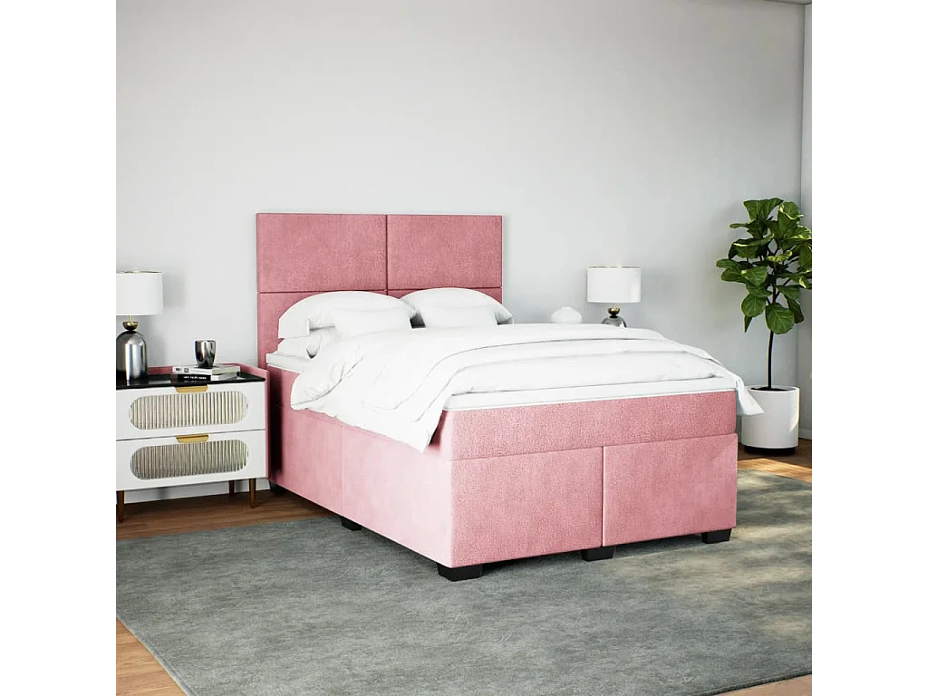 Cama box spring con colchón terciopelo rosa 140x200 cm