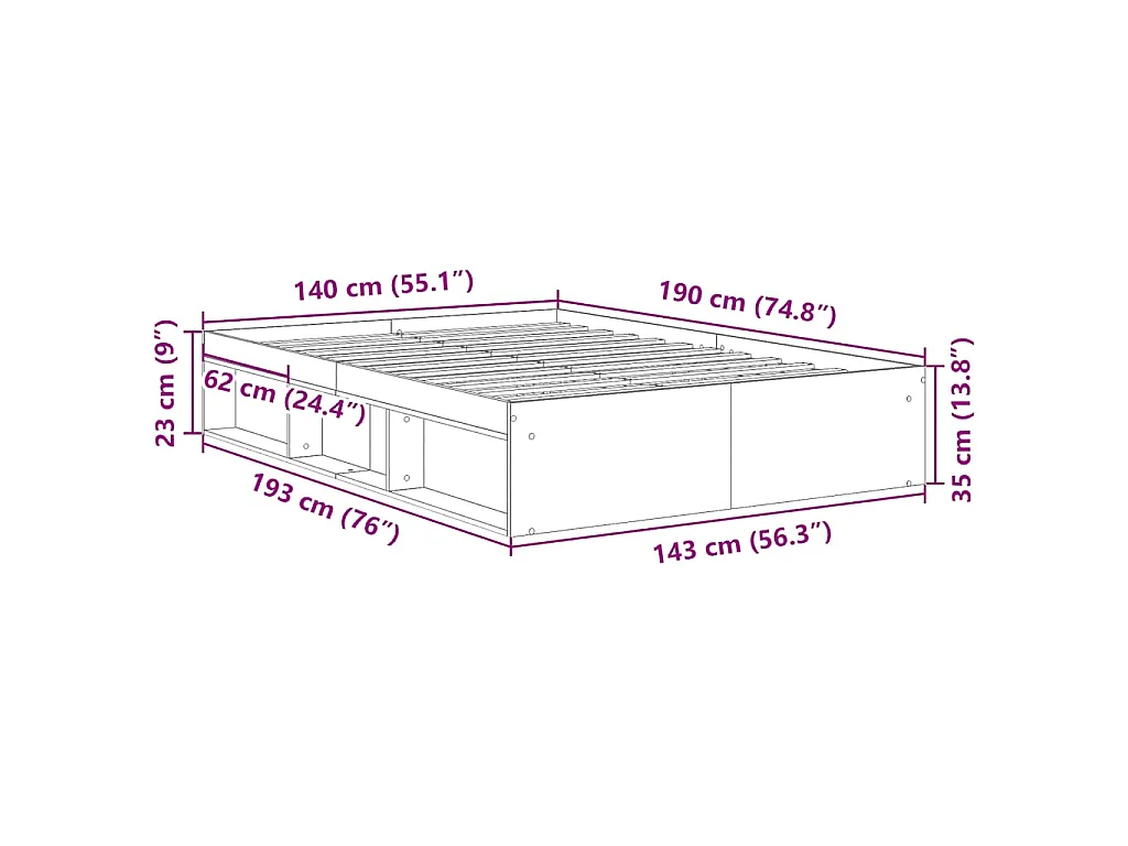 Cadre de lit sans matelas vieux bois 140x190 cm bois ingénierie