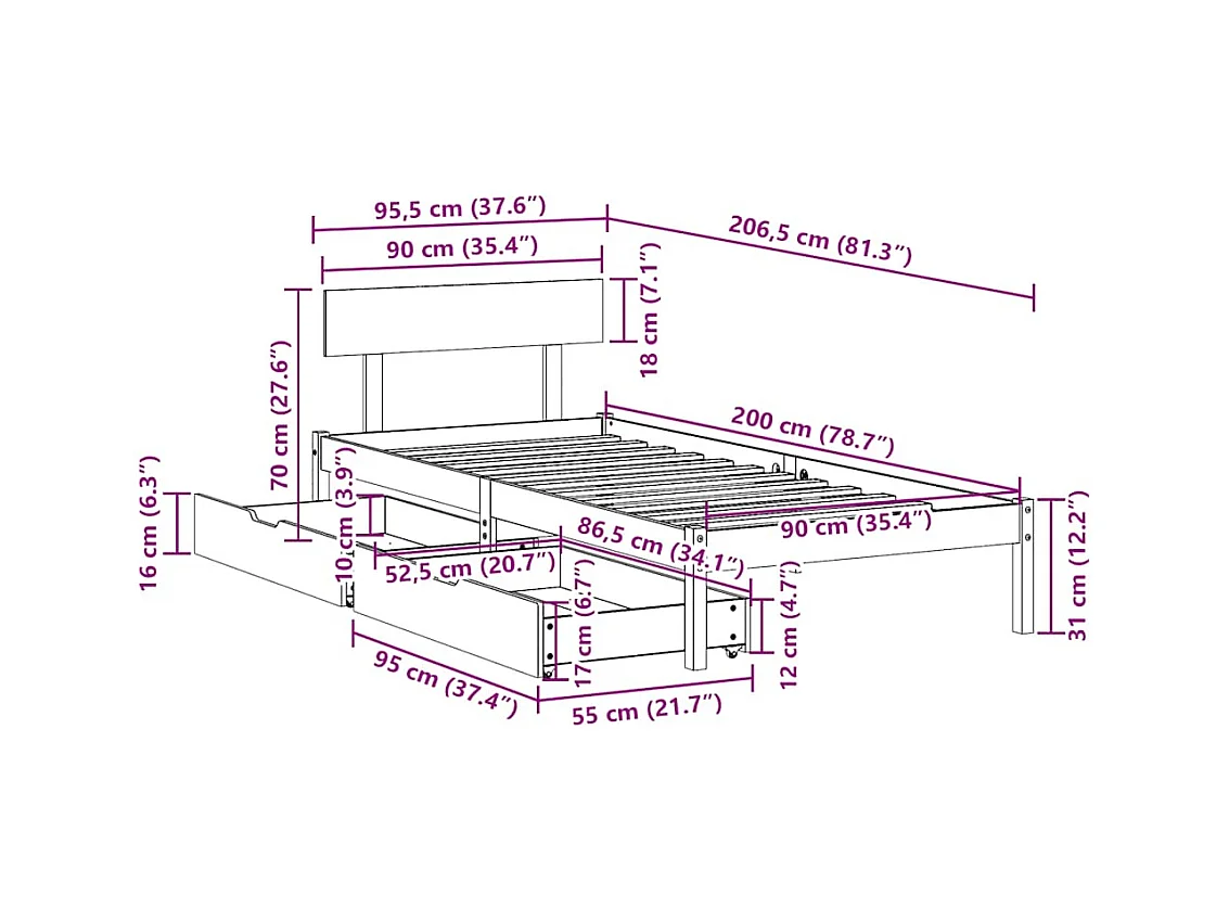 Cadre de lit sans matelas 90x200 cm bois de pin massif