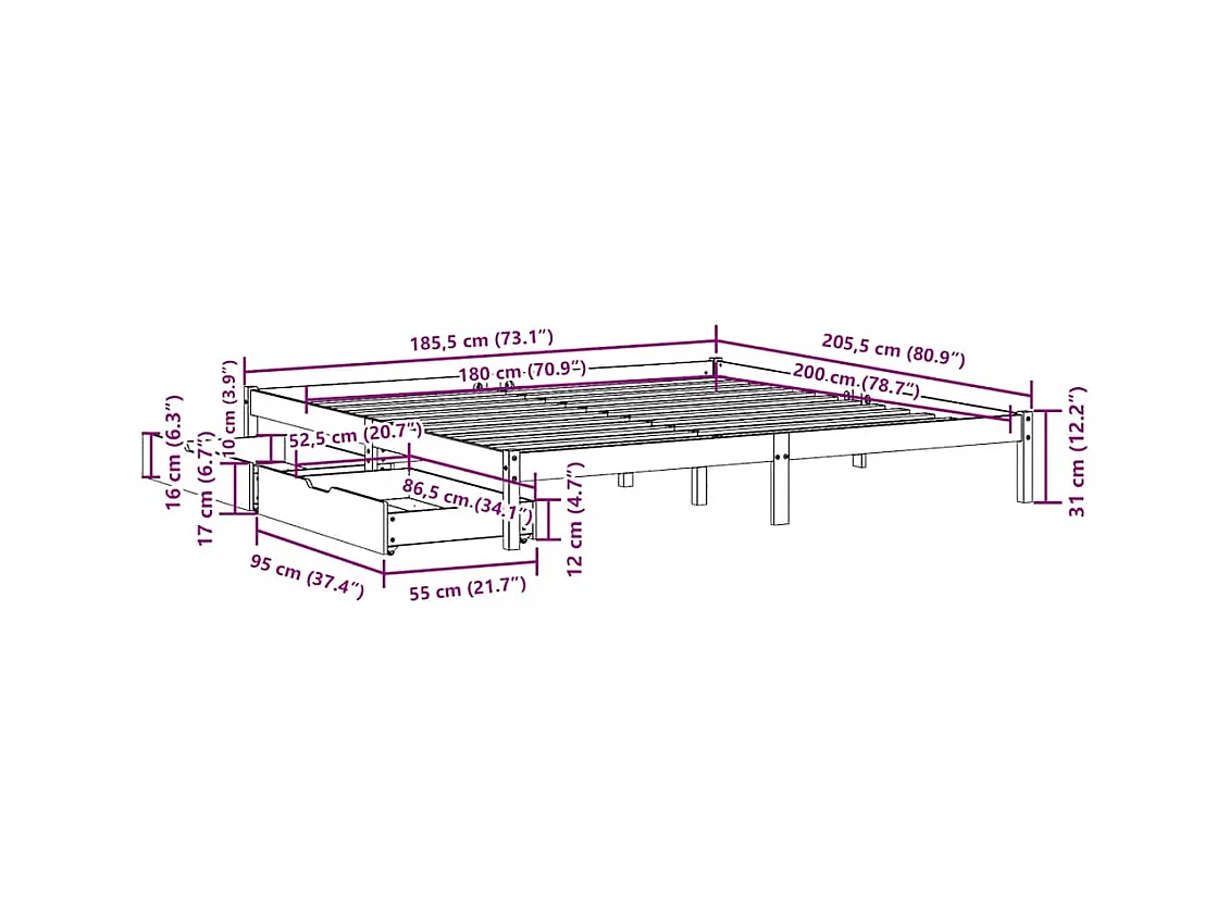 Cadre de lit sans matelas blanc 180x200 cm bois massif de pin