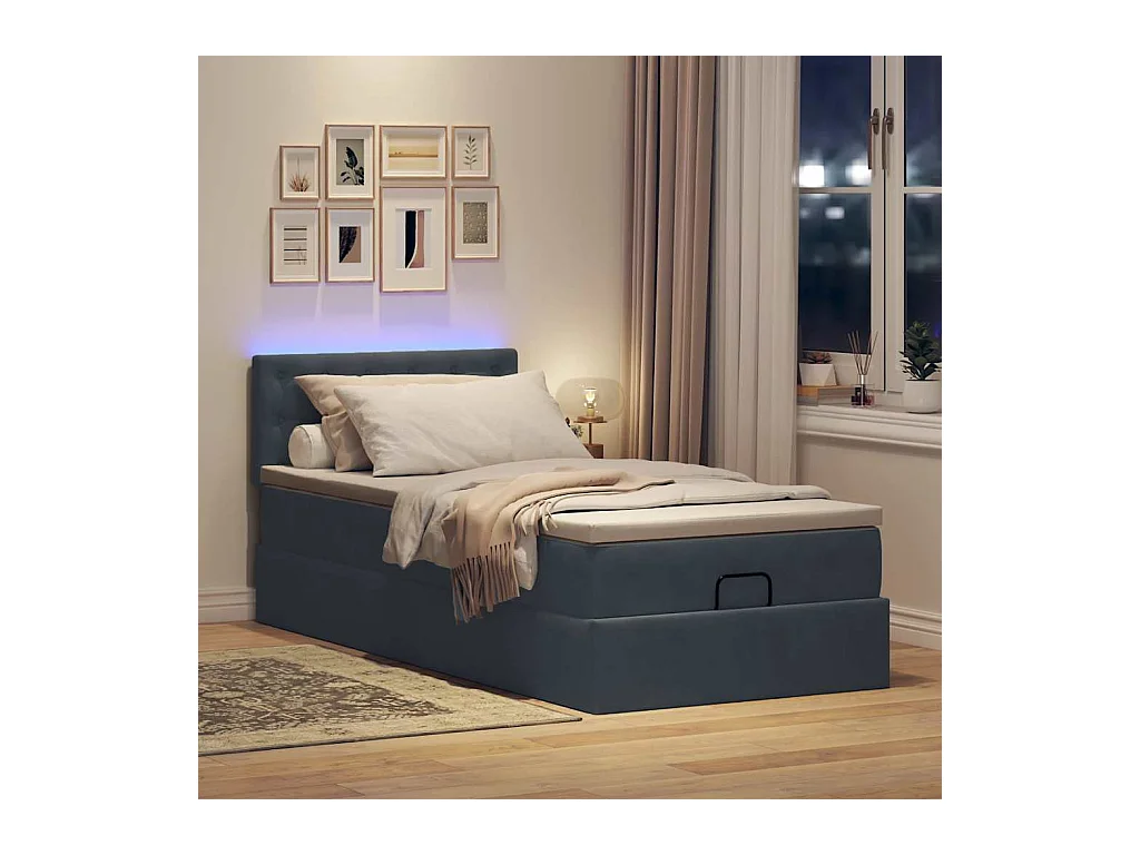 Ottoman-Bett mit Matratze & LEDs Dunkelgrau 90x200 cm Samt