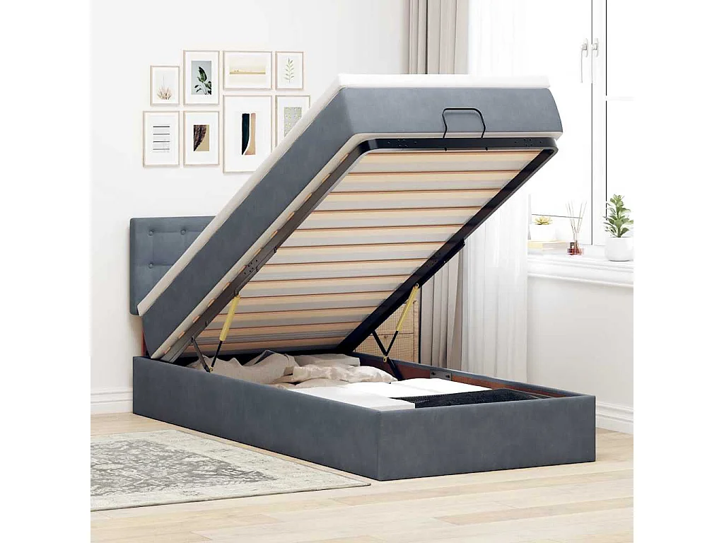 Cadre de lit ottoman et matelas gris foncé 90x200 cm velours