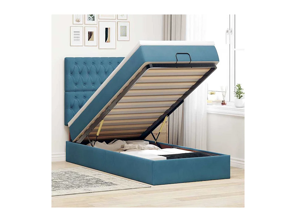 Cadre de lit ottoman avec matelas bleu foncé 100x200 cm velours
