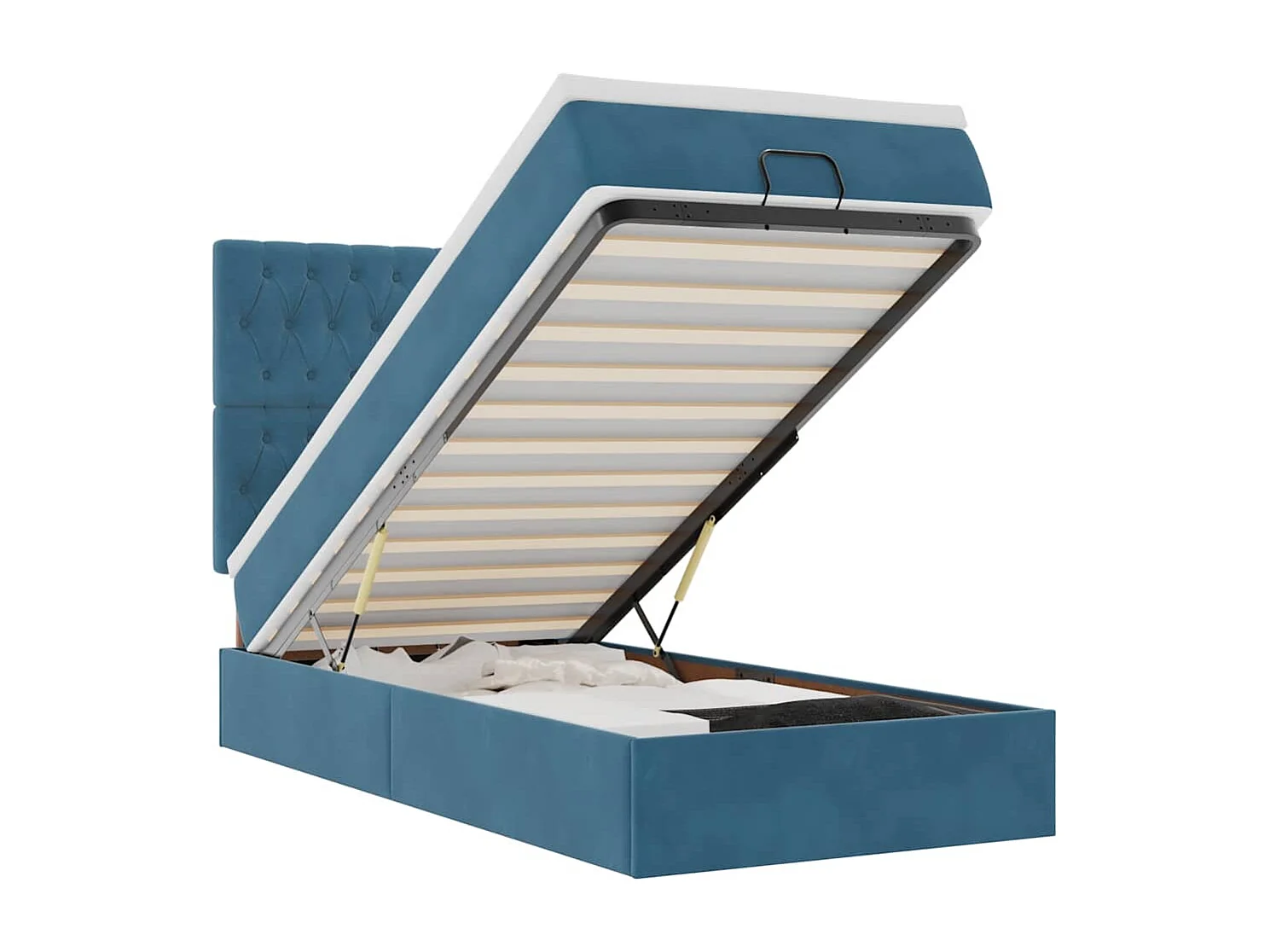 Estructura de cama otomana colchones terciopelo azul oscuro