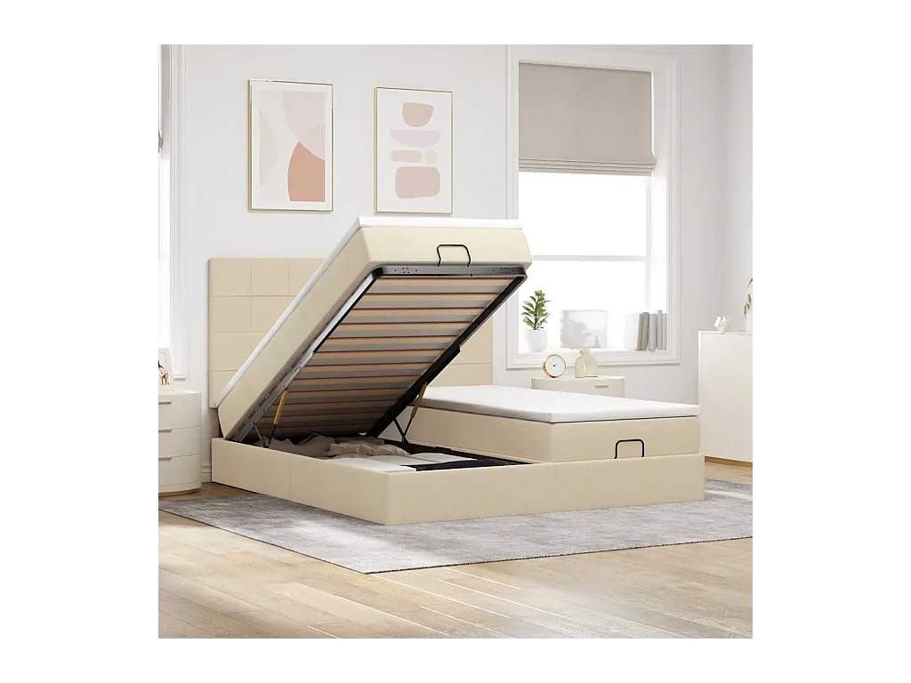 Cadre de lit ottoman avec matelas crème 160x200 cm tissu