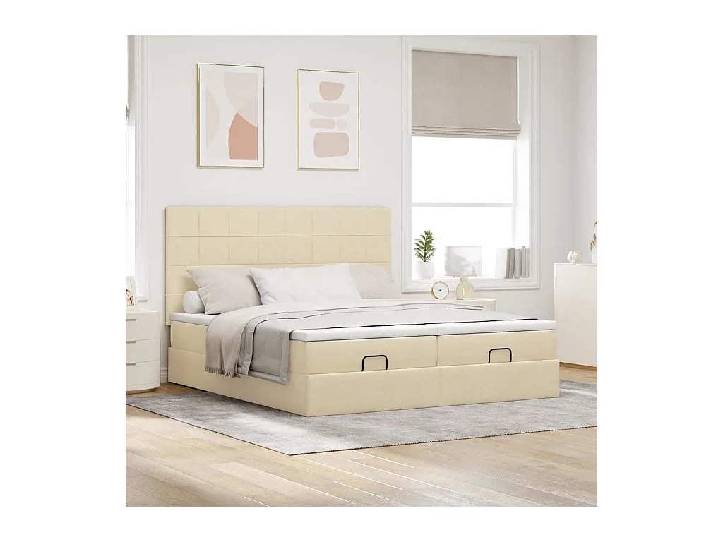 Cadre de lit ottoman avec matelas crème 160x200 cm tissu