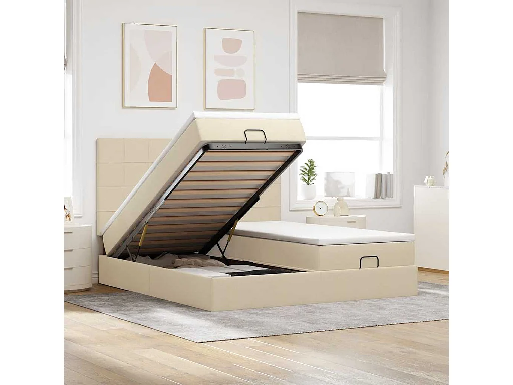 Ottoman-Bett mit Matratzen & LEDs Creme 160x200 cm Stoff