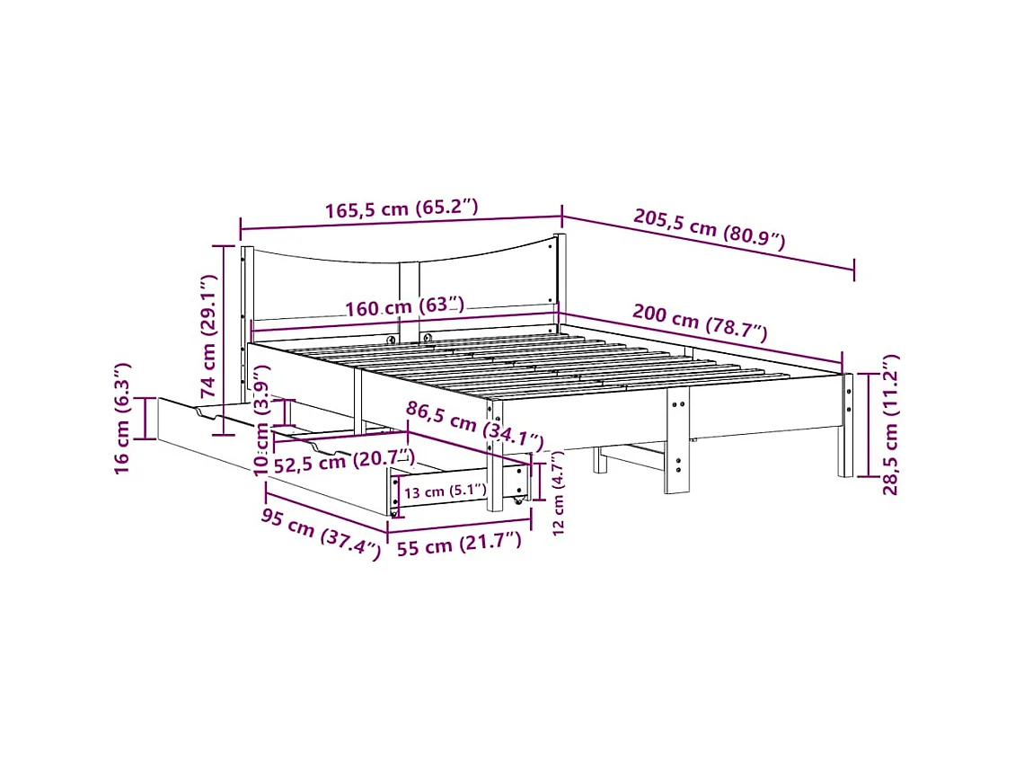 Cadre de lit avec tiroirs 160x200 cm bois massif de pin
