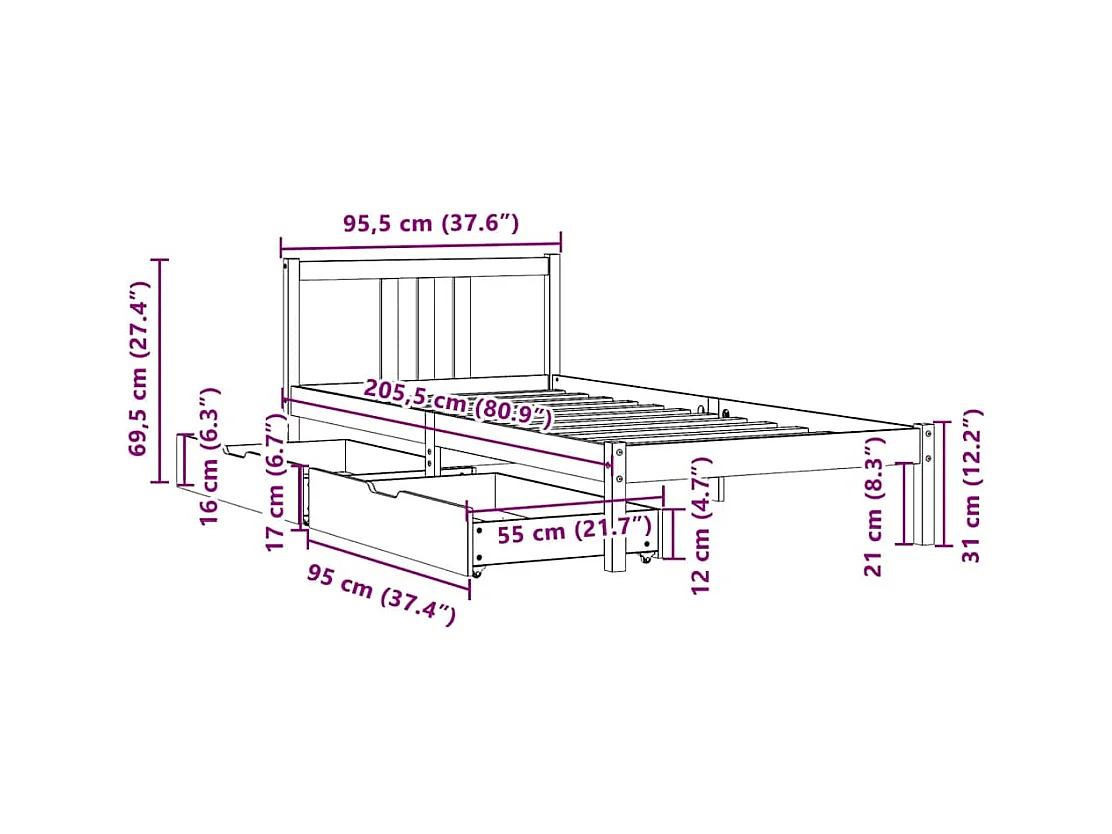 Cadre de lit sans matelas blanc 90x200 cm bois de pin massif