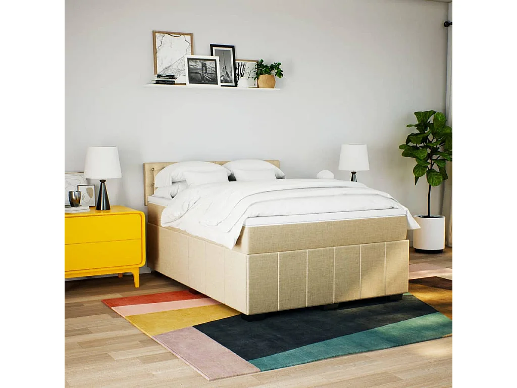 Cama box spring con colchón tela color crema 160x200 cm