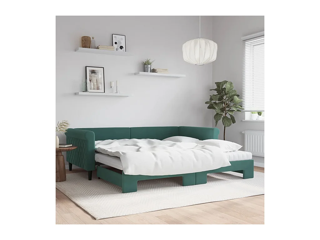 Slaapbank onderschuifbed matrassen 100x200cm fluweeldonkergroen