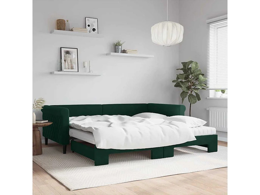 Tagesbett Ausziehbar mit Matratzen Dunkelgrün 100x200 cm Samt