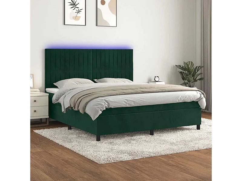 Letto a Molle con Materasso e LED Verde Scuro 180x200cm Velluto