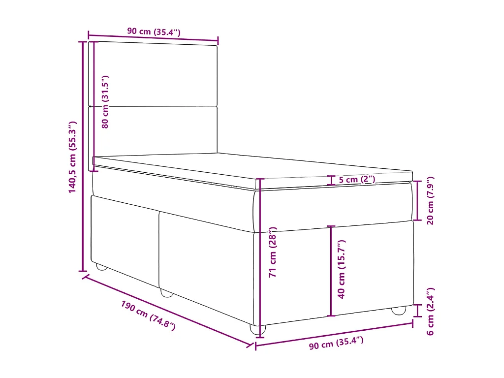 Cama box spring con colchón tela color crema 90x190 cm