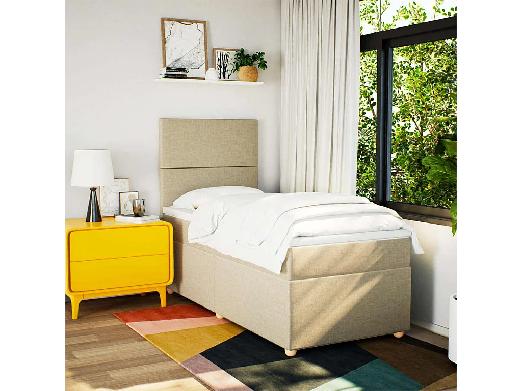 Cama box spring con colchón tela color crema 90x190 cm
