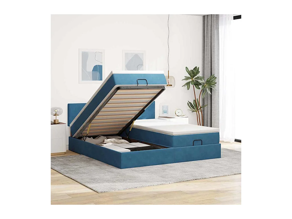 Cadre de lit ottoman avec matelas bleu foncé 160x200 cm velours