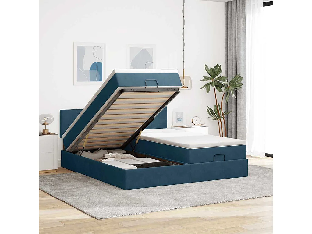 Estrutura de cama otomana com colchão azul escuro veludo