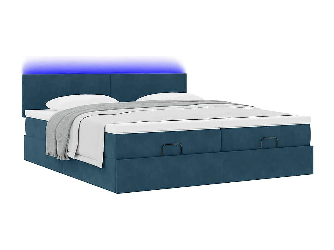 Estrutura de cama otomana com colchão azul escuro veludo