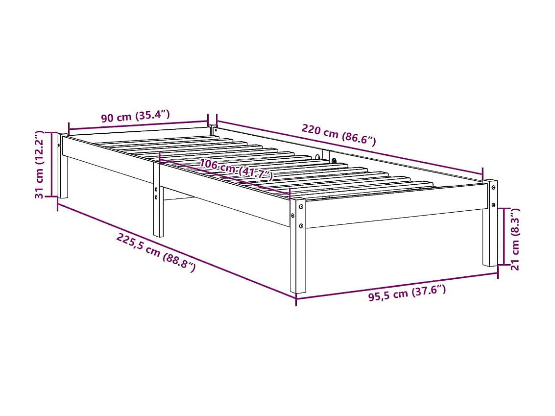 Cadre de lit extra long sans matelas 90x220 cm bois massif pin