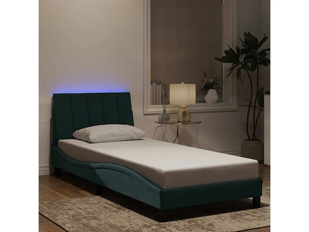 Cadre de lit avec LED sans matelas Hanko vert foncé 90x200 cm velours