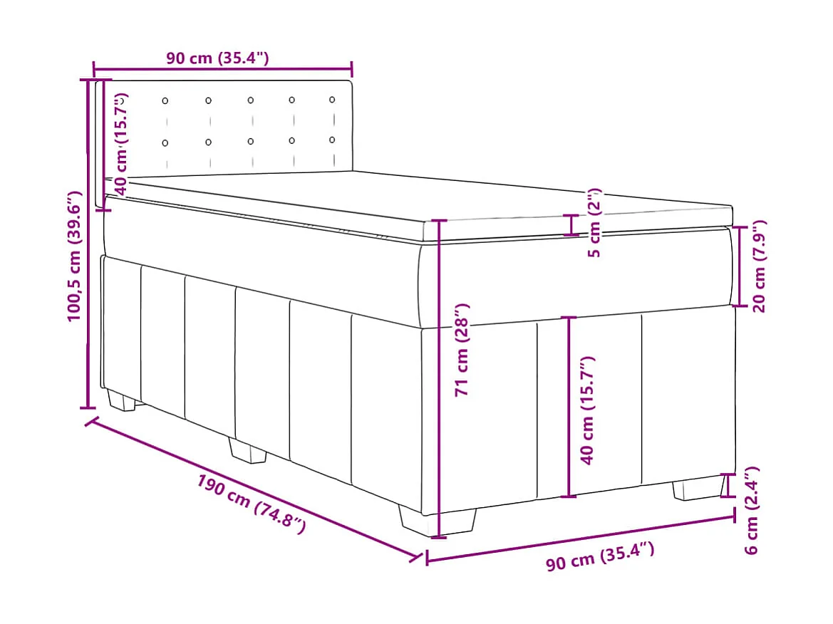 Cama box spring con colchón tela azul 90x190 cm