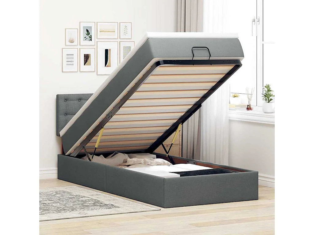Cadre de lit ottoman avec matelas gris foncé 100x200 cm tissu