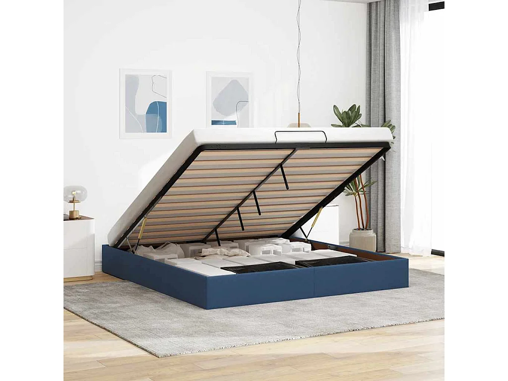 Estrutura de cama otomana sem colchão tecido azul 180x200 cm