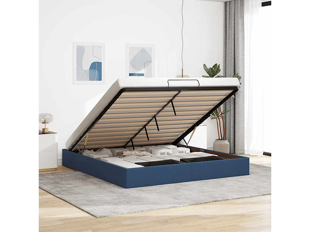 Estructura de cama otomana sin colchón tela azul 180x200cm