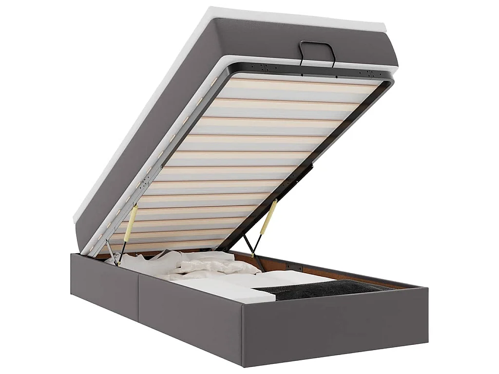 Estructura cama otomana colchón cuero sintético gris 90x200 cm