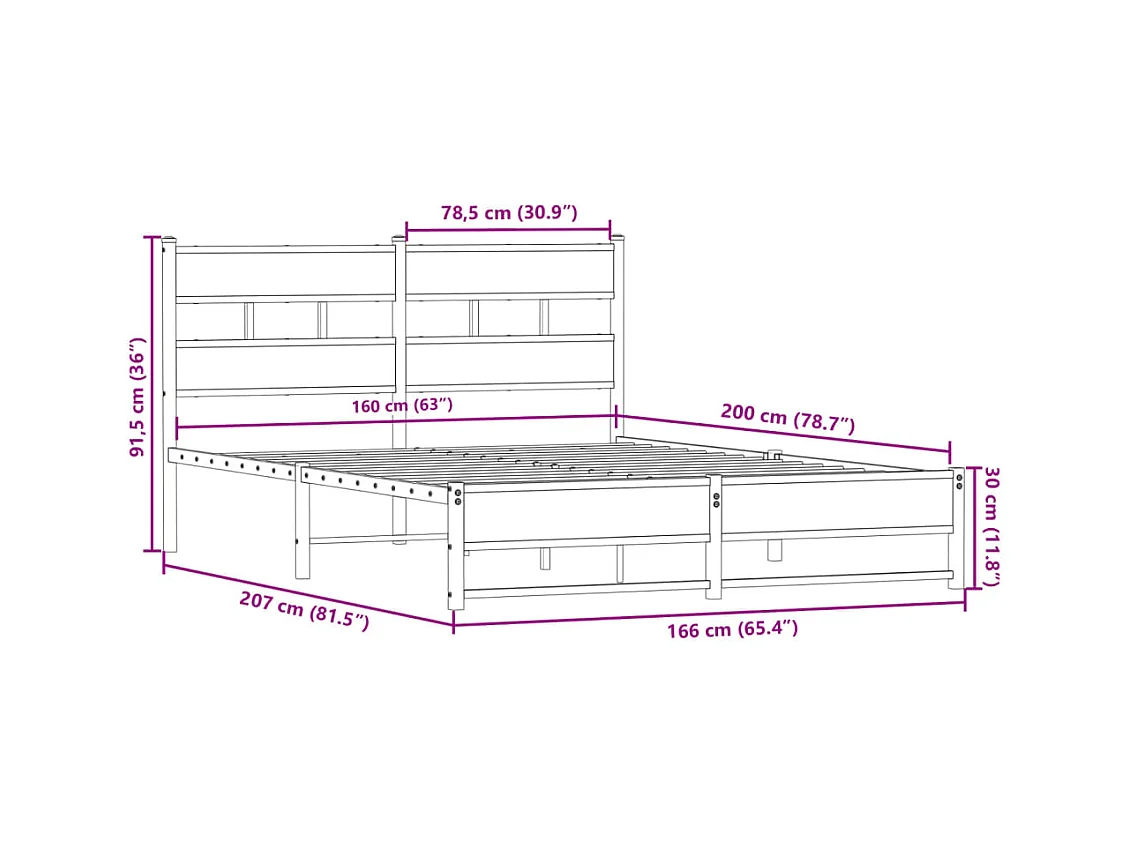 Metallbett ohne Matratze Räuchereiche 160x200 cm