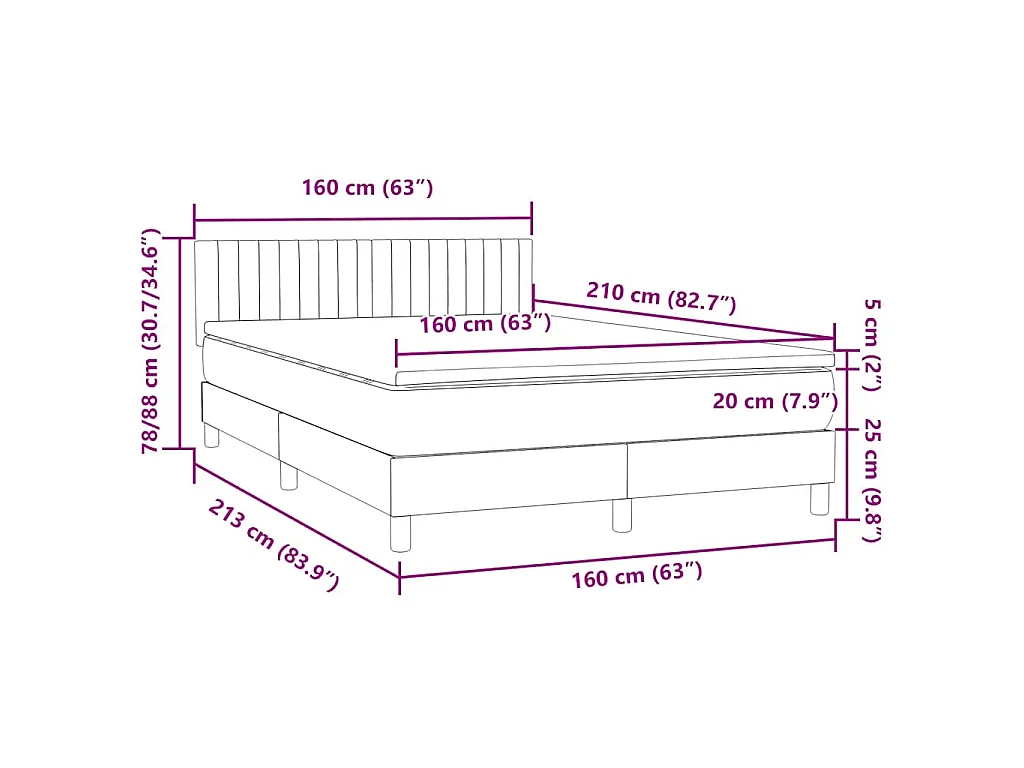 Cama box spring con colchón terciopelo gris oscuro 160x210 cm