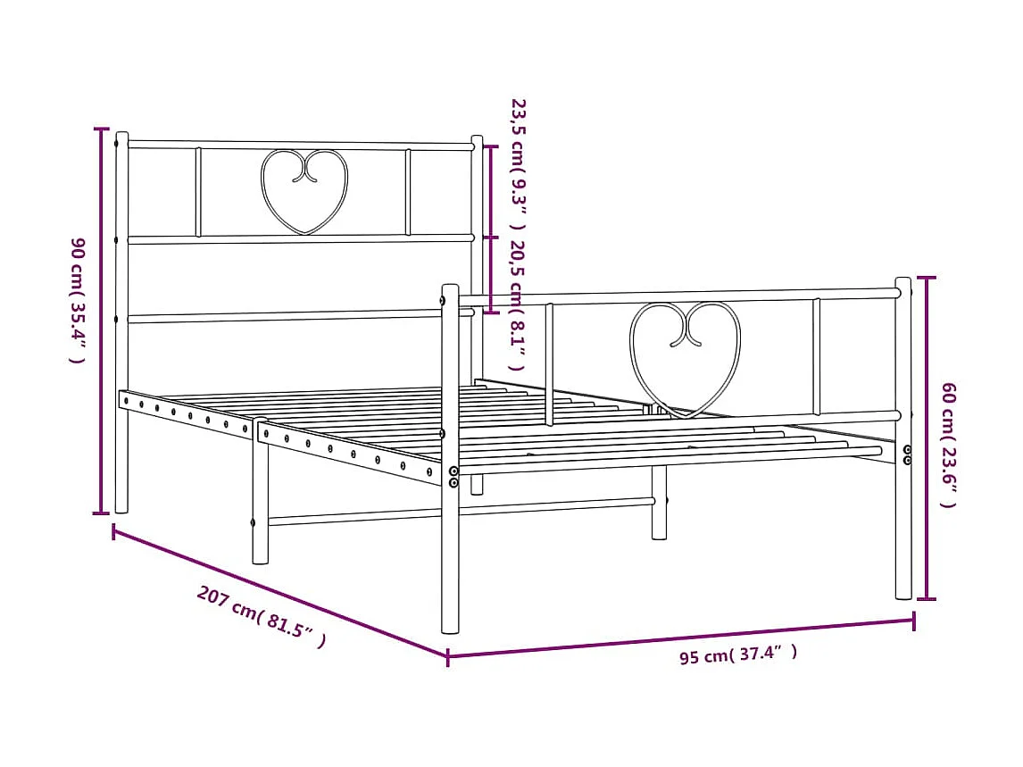 Cadre de lit métal sans matelas avec pied de lit noir 90x200 cm