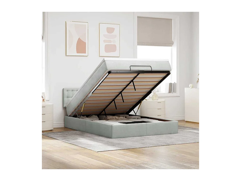 Cadre de lit ottoman avec matelas gris clair 140x200 cm velours
