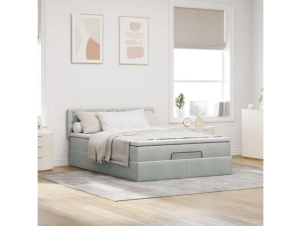 Cadre de lit ottoman avec matelas gris clair 140x200 cm velours