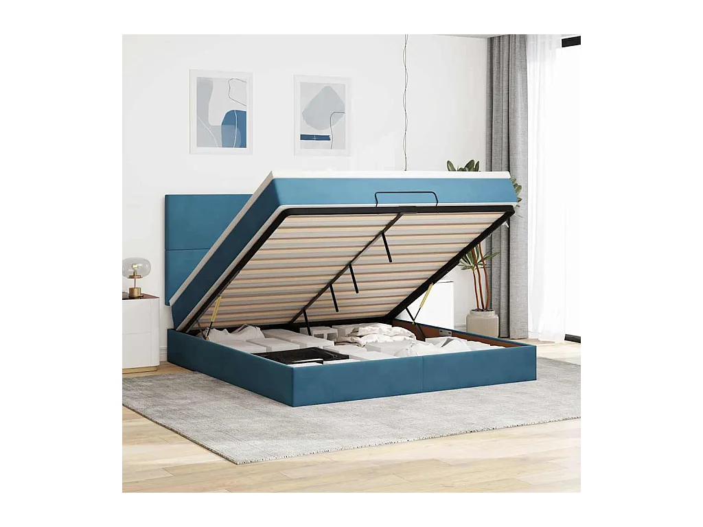 Estrutura de cama otomana com colchão azul escuro veludo