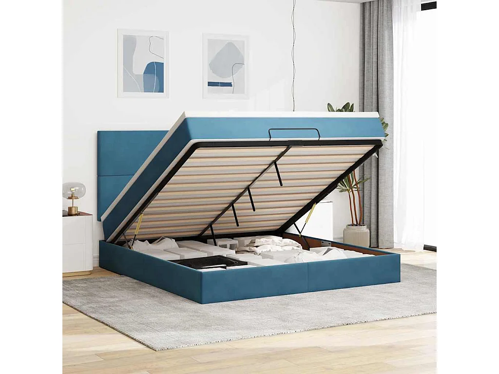 Estrutura de cama otomana com colchão azul escuro veludo