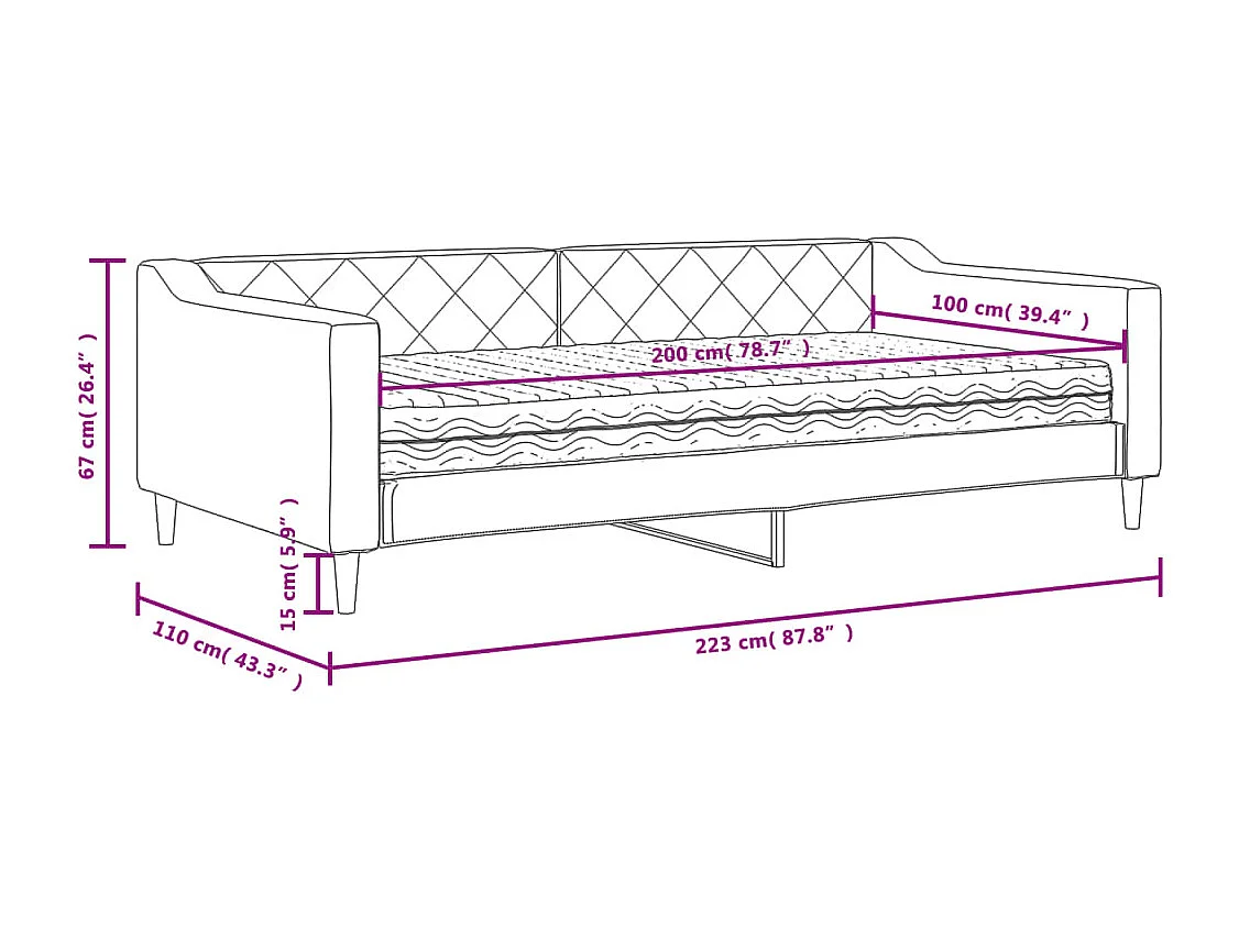 Lit de jour avec matelas gris foncé 100x200 cm tissu