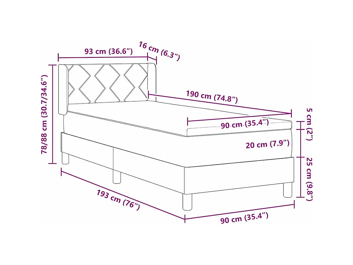 Letto box spring con materasso Grigio scuro 90 x 190 cm