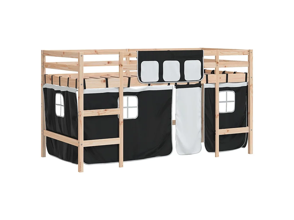 Kinderhoogslaper met gordijnen 90x190 cm grenenhout wit zwart