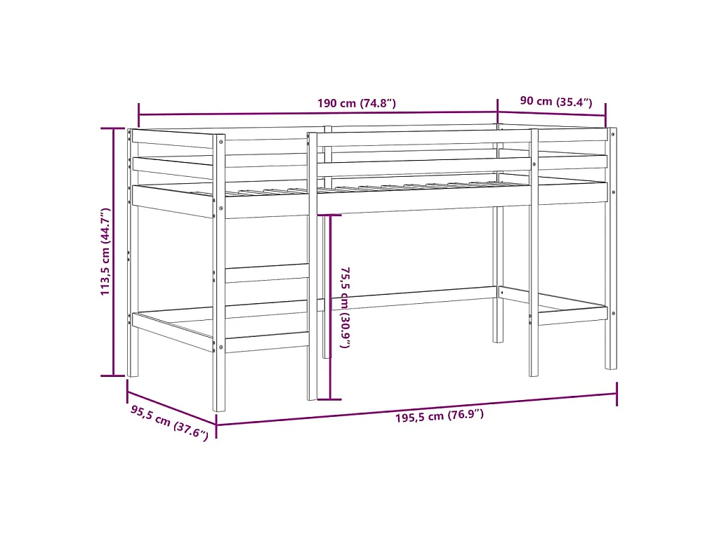 Kinderhoogslaper met gordijnen 90x190 cm grenenhout wit zwart