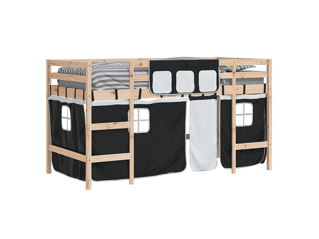 Kinderhoogslaper met gordijnen 90x190 cm grenenhout wit zwart
