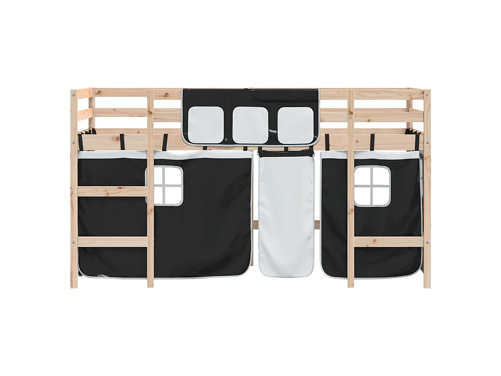 Kinderhoogslaper met gordijnen 90x190 cm grenenhout wit zwart