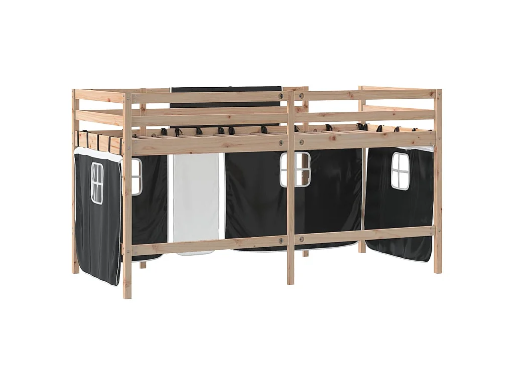 Kinderhoogslaper met gordijnen 90x190 cm grenenhout wit zwart