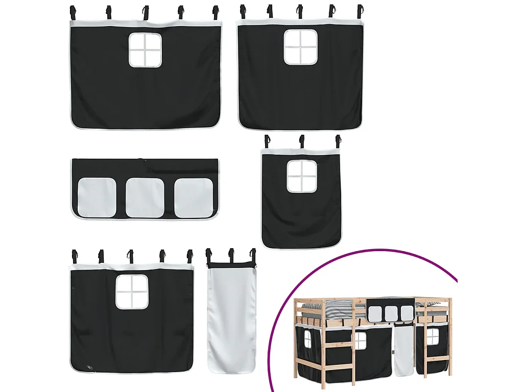 Kinderhoogslaper met gordijnen 90x190 cm grenenhout wit zwart