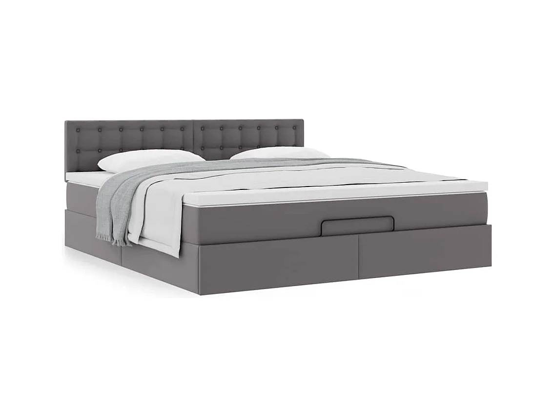 Estrutura de cama otomana com colchão cinza couro falso