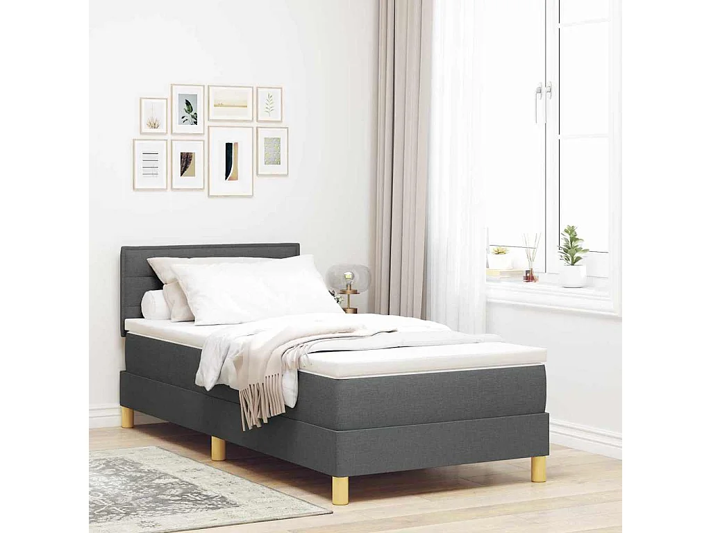 Lit à ressorts avec coussin Gris foncé 90 x 190 cm tissu